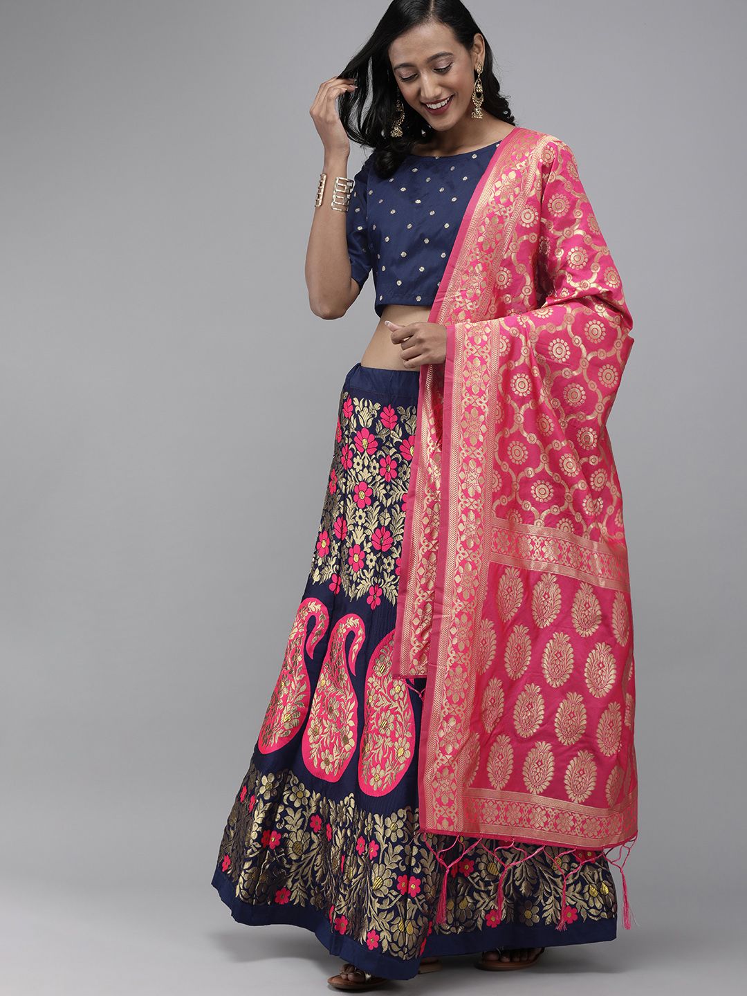 DIVASTRI Navy Blue & Pink Woven Design Semi-Stitched Lehenga & Unstitched Blouse with Dupatta