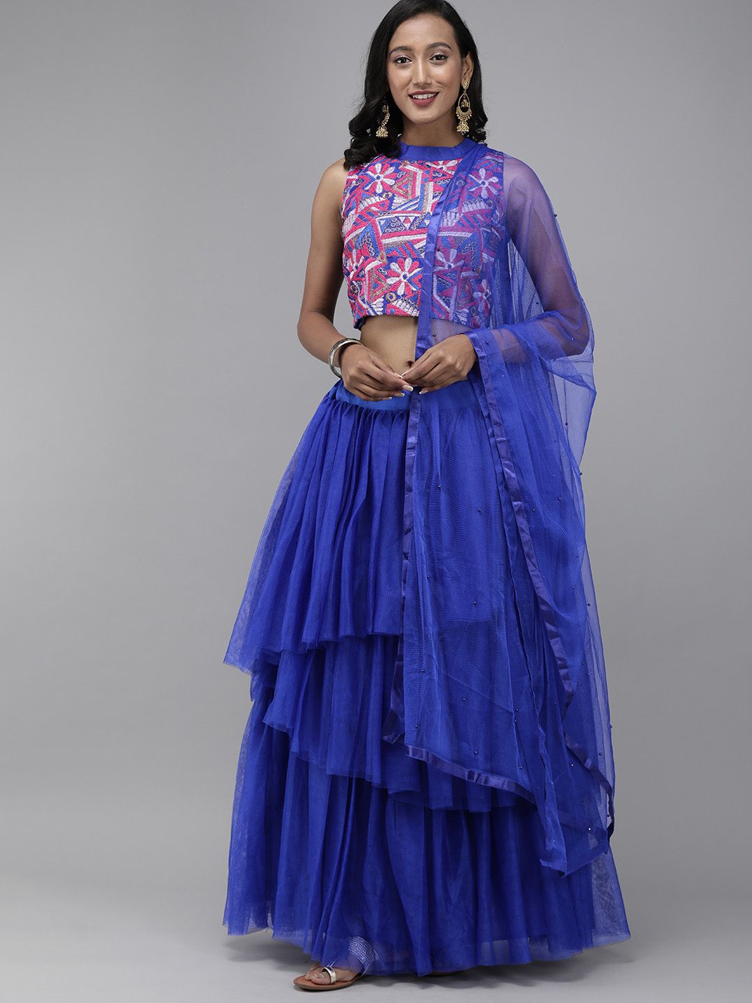 DIVASTRI Blue Embroidered Semi-Stitched Tiered Lehenga & Unstitched Blouse with Dupatta