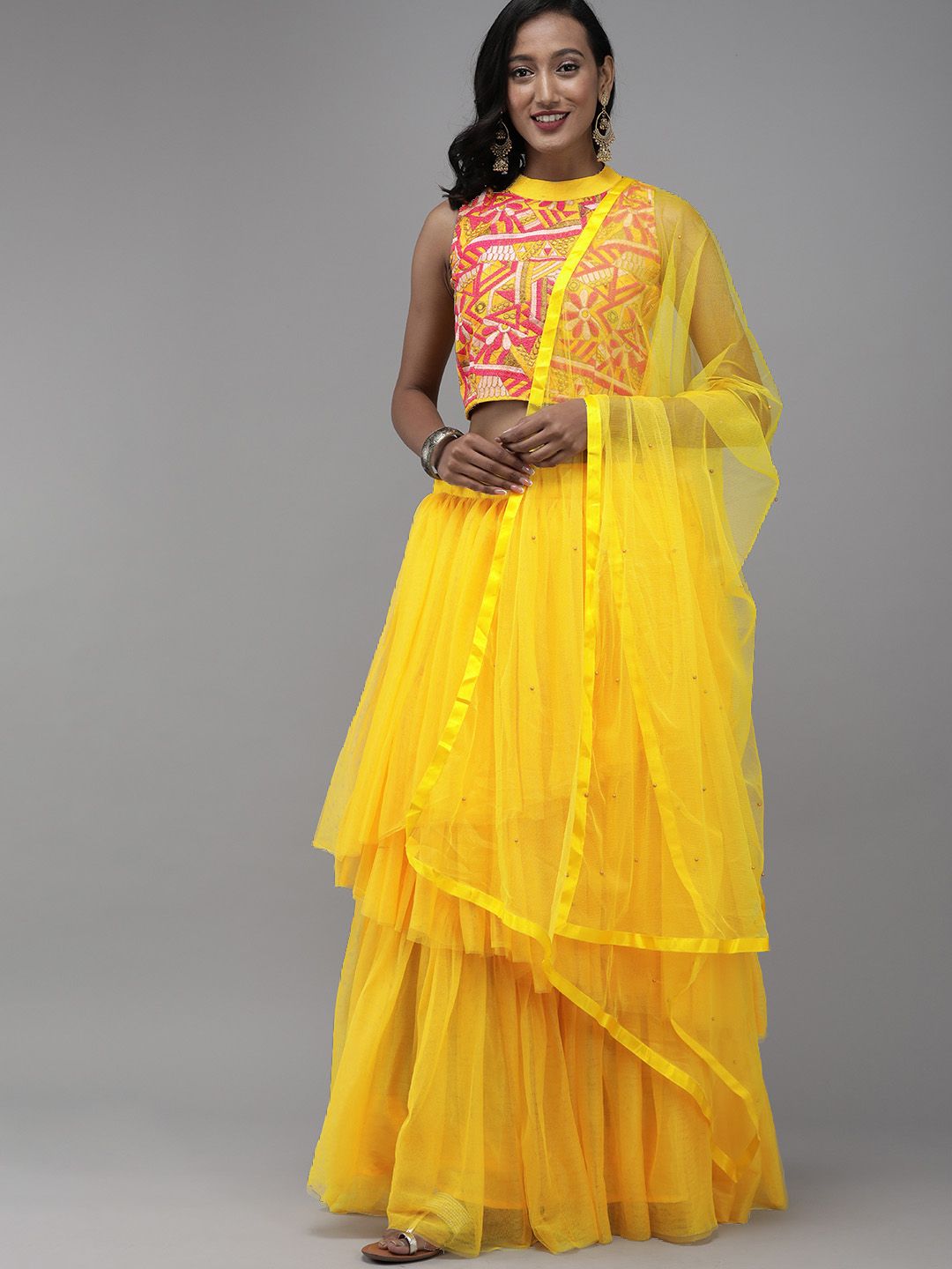 DIVASTRI Yellow Embroidered Tiered Semi-Stitched Lehenga & Blouse with Dupatta Price in India