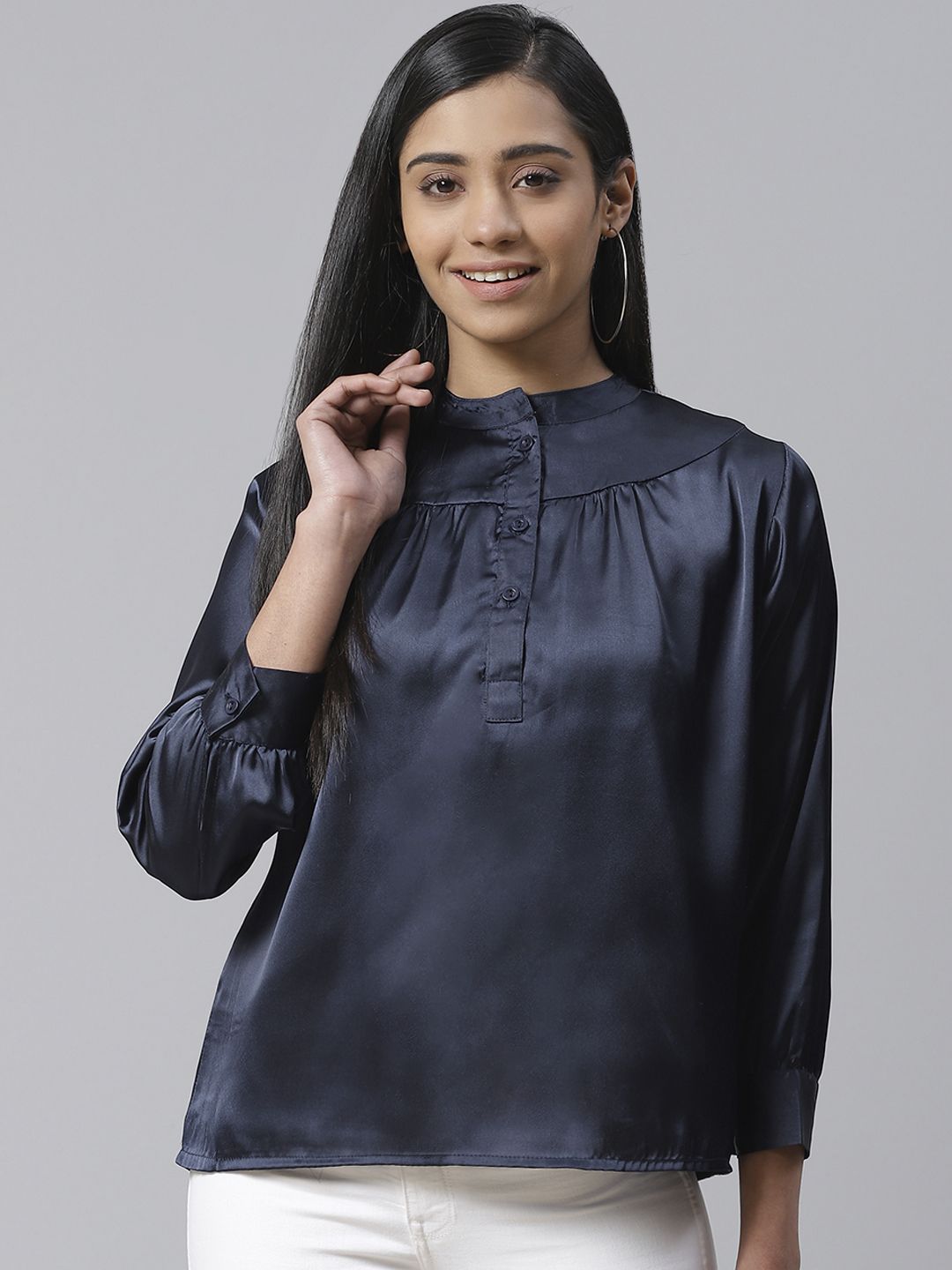 Ives Women Navy Blue Solid Satin Finish Shirt Style Top