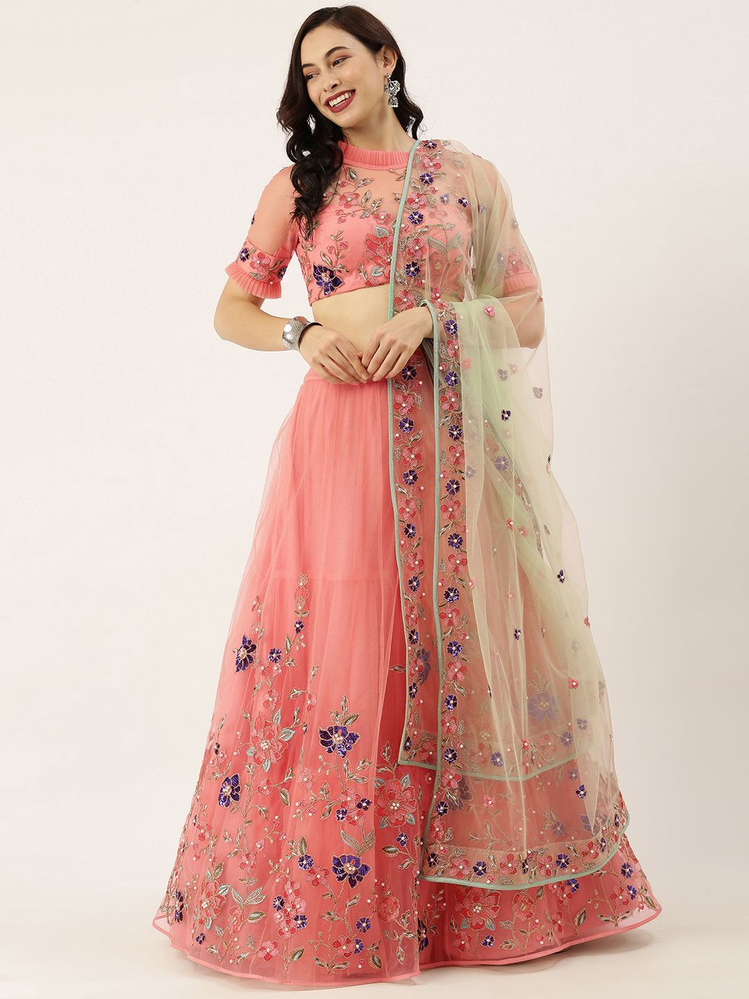 panchhi Peach-Coloured Embroidered Semi-Stitched Lehenga & Unstitched Blouse With Dupatta Price in India