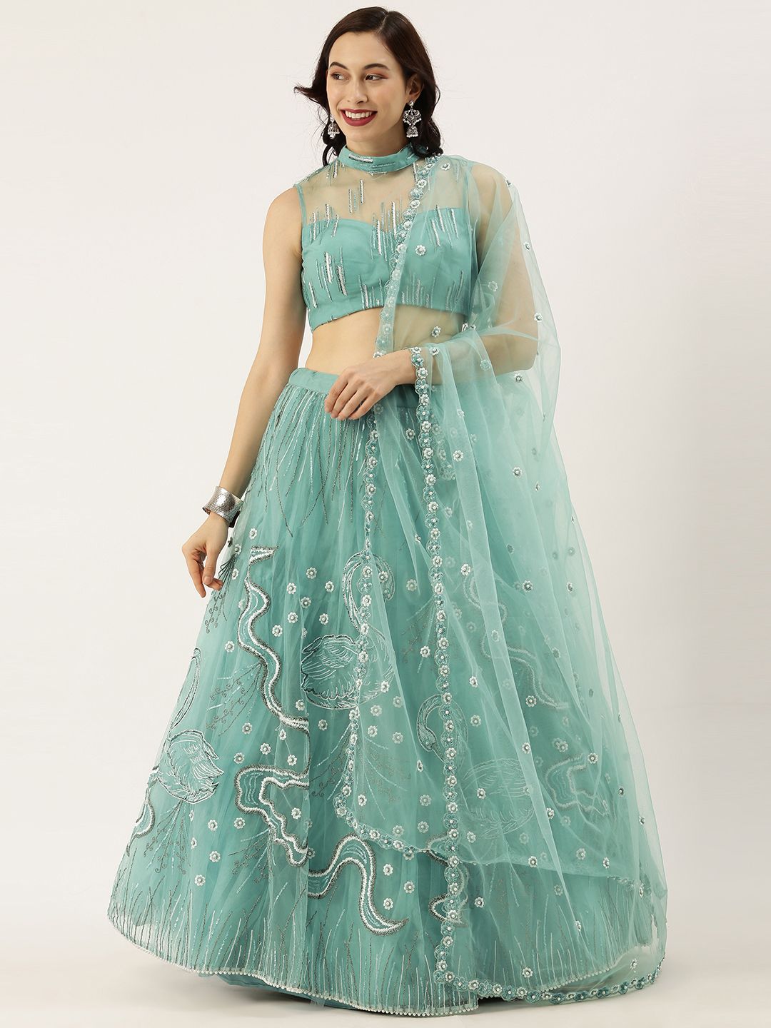 panchhi Blue Embroidered Semi-Stitched Lehenga & Unstitched Blouse with Dupatta Price in India