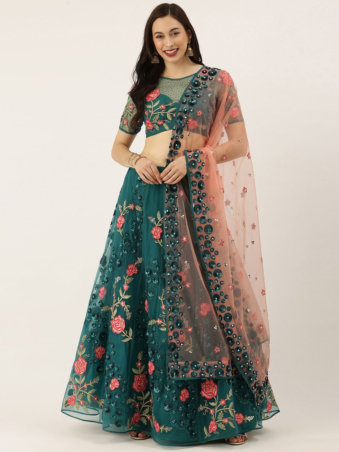 panchhi Teal & Pink Embroidered Semi-Stitched Lehenga & Unstitched Blouse with Dupatta Price in India