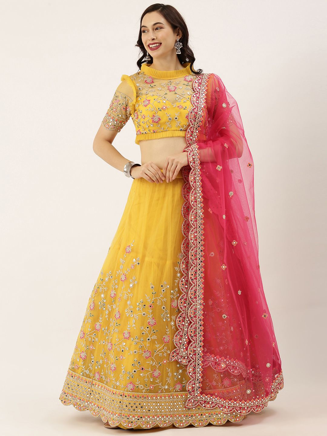 panchhi Mustard & Pink Embroidered Semi-Stitched Lehenga & Unstitched Blouse with Dupatta Price in India