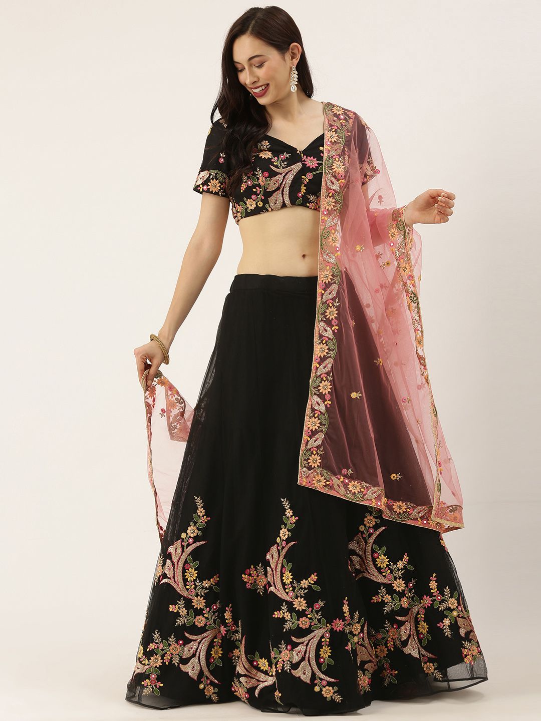 panchhi Black Embroidered Semi-Stitched Lehenga & Unstitched Blouse with Dupatta Price in India