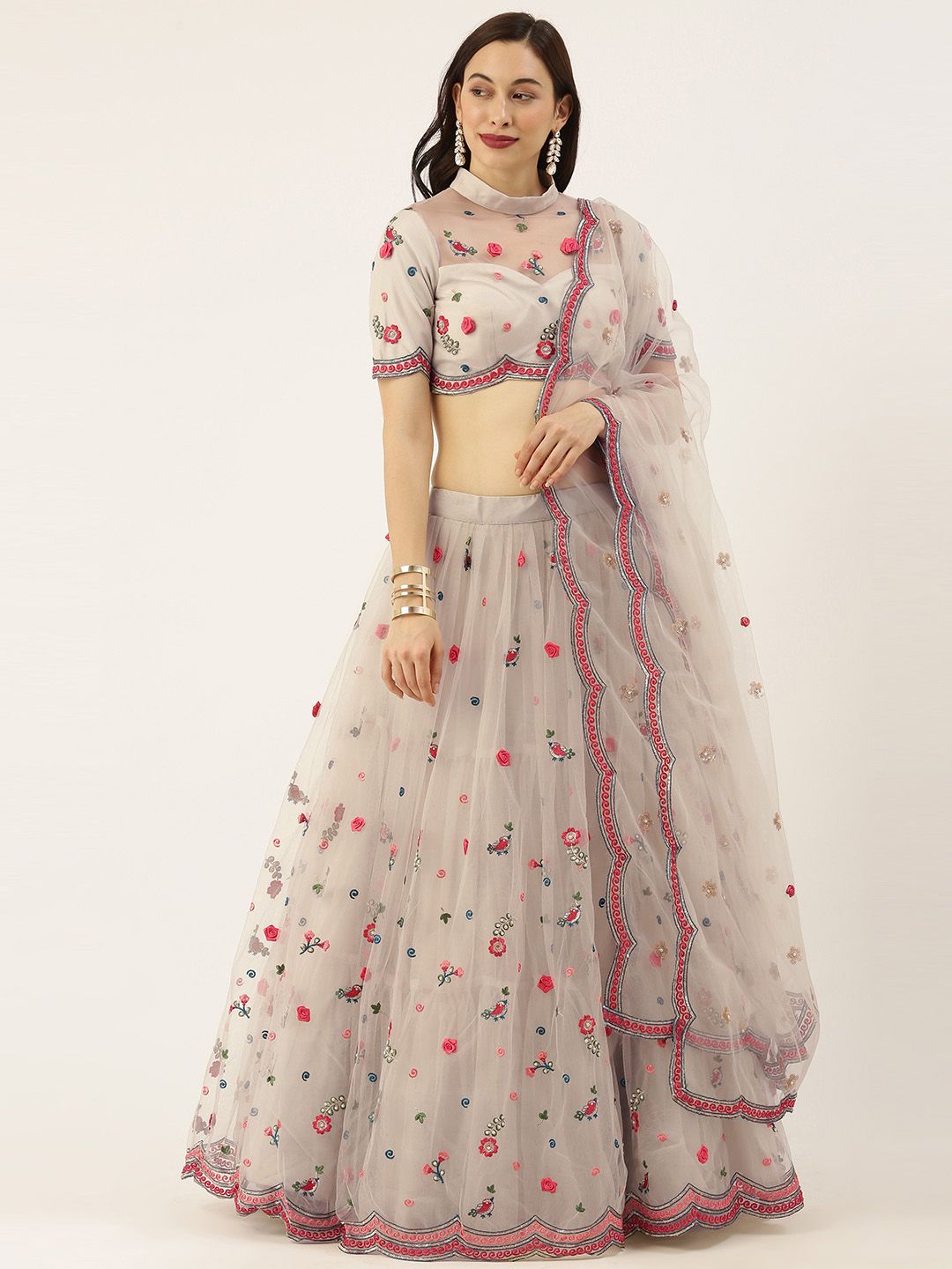 panchhi Grey & Pink Embroidered Semi-Stitched Lehenga & Unstitched Blouse with Dupatta Price in India