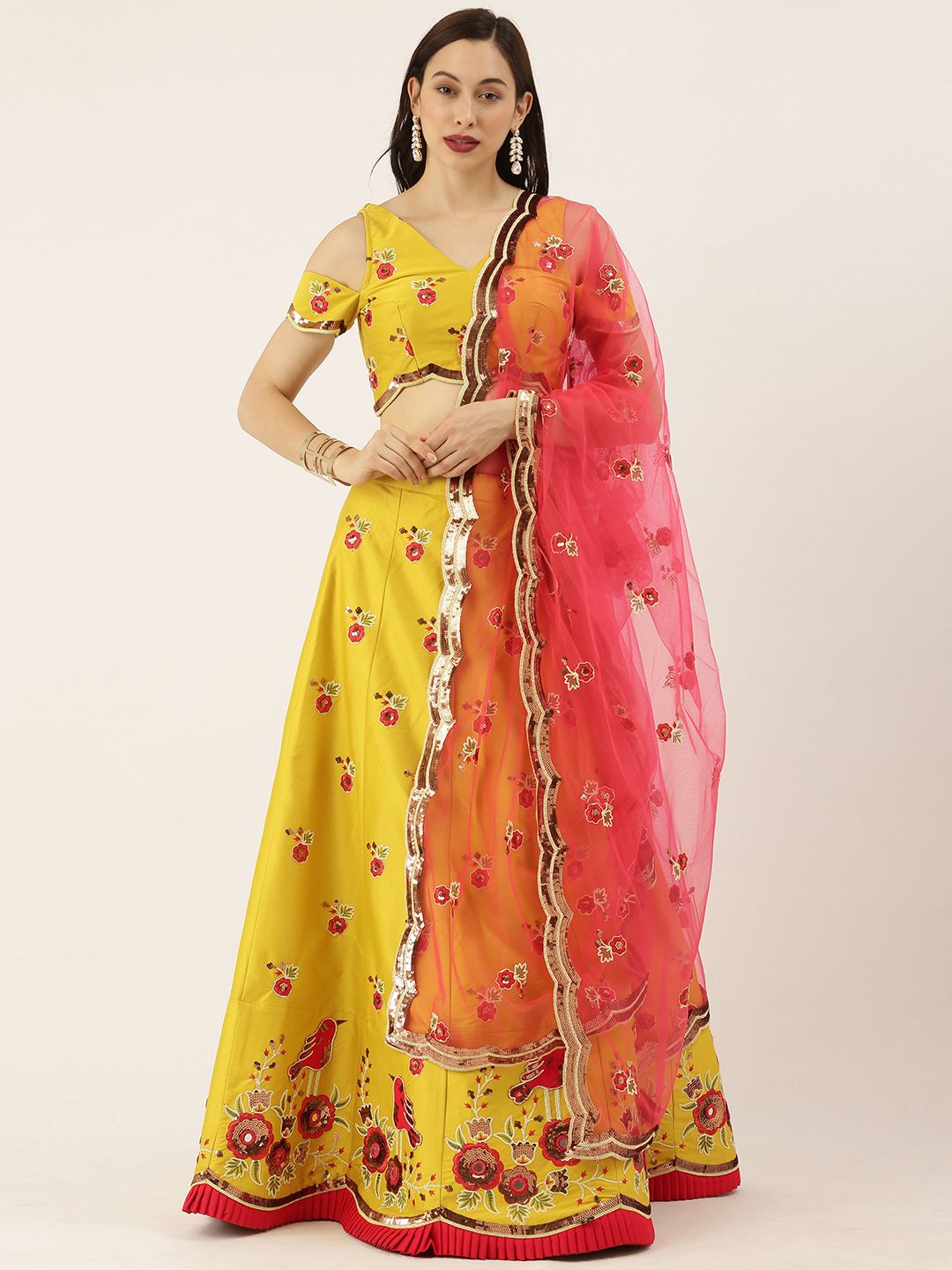 panchhi Lime Green& Red Embroidered Semi-Stitched Lehenga & Unstitched Blouse with Dupatta