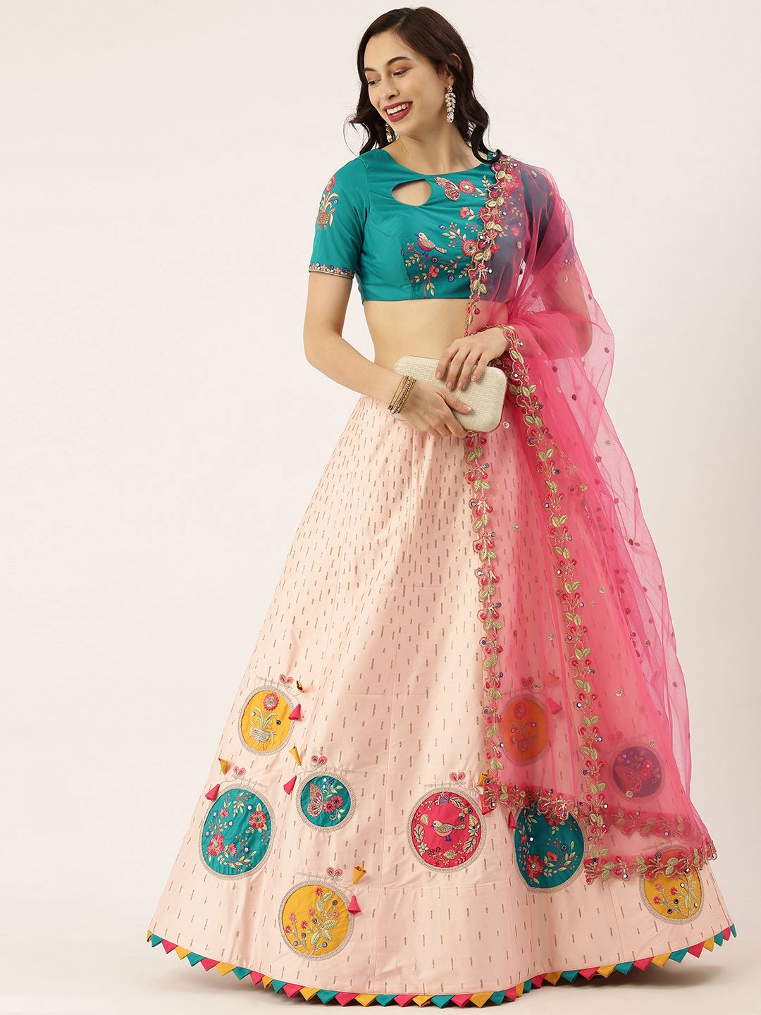 panchhi Teal Green Embroidered Semi-Stitched Lehenga & Unstitched Blouse with Dupatta