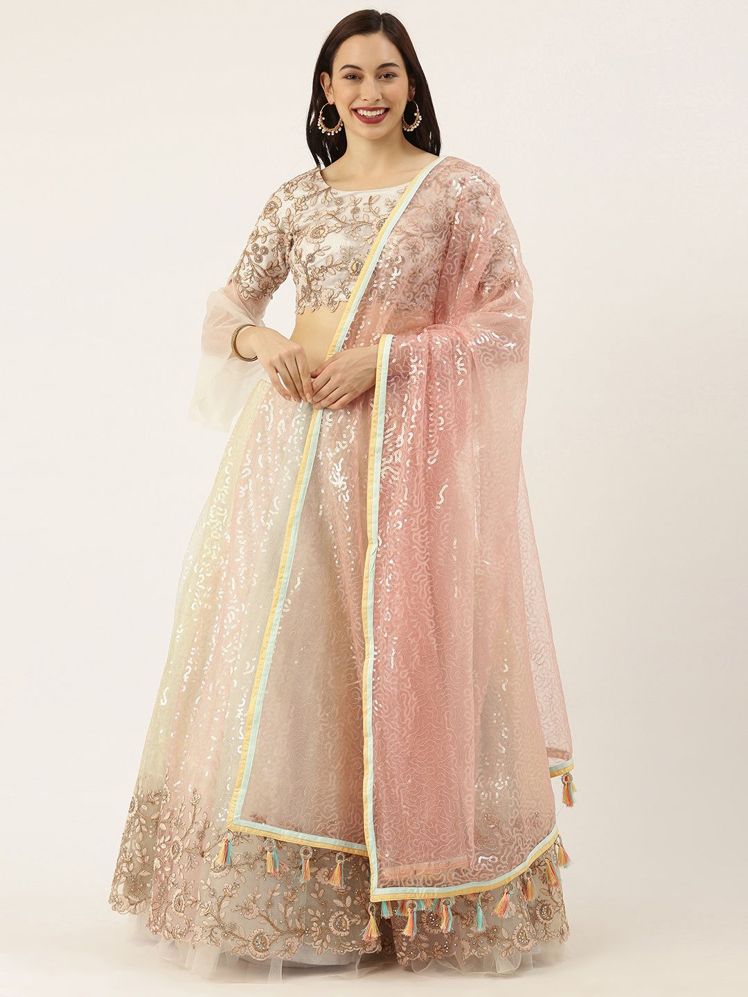 panchhi Off-White Embellished Semi-Stitched Lehenga & Unstitched Blouse with Dupatta