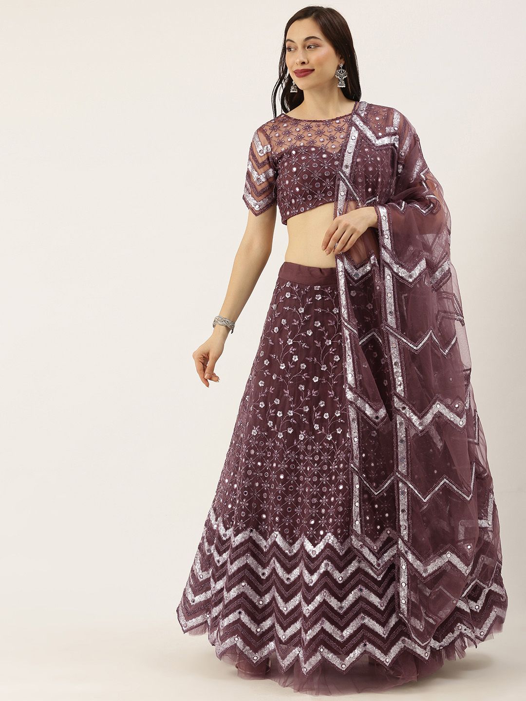 panchhi Burgundy Embroidered Semi-Stitched Lehenga & Blouse with Dupatta Price in India