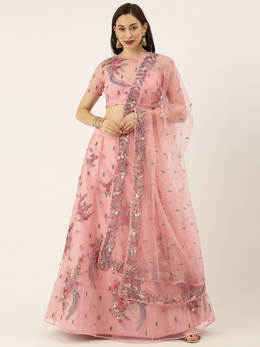 panchhi Pink & Blue Embroidered Semi-Stitched Lehenga & Unstitched Blouse with Dupatta Price in India
