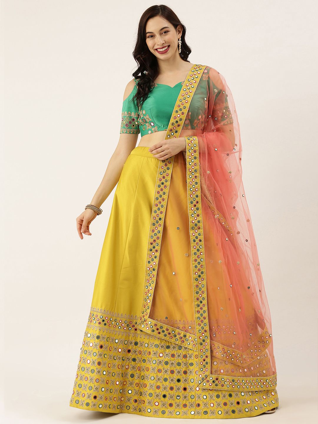 panchhi Yellow Embroidered Semi-Stitched Lehenga & Unstitched Blouse with Dupatta