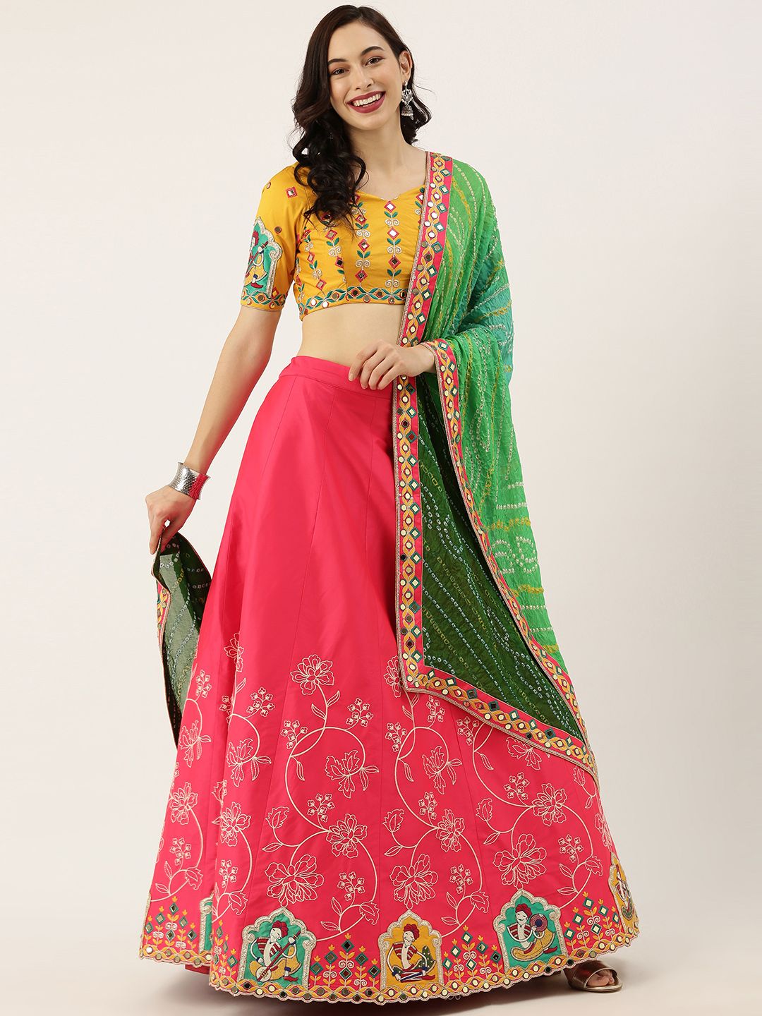 panchhi Mustard & Pink Embellished Semi-Stitched Lehenga & Unstitched Blouse with Dupatta