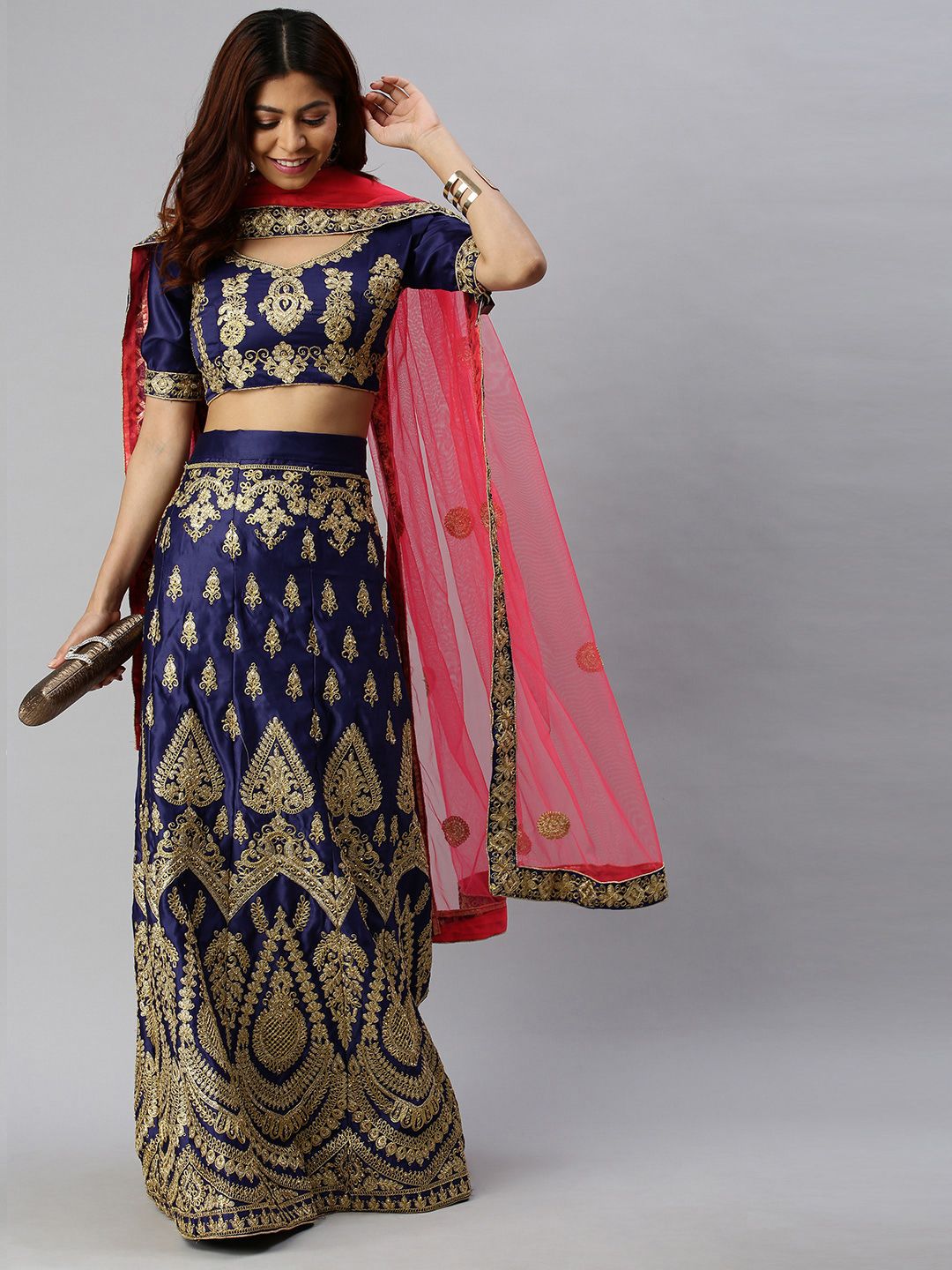 Mitera Navy Blue & Golden Embroidered Semi-Stitched Lehenga Set