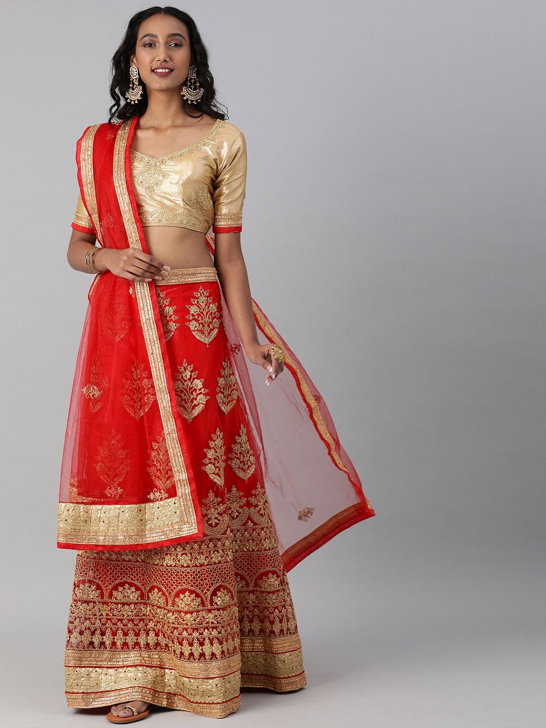 Mitera Red & Gold-Toned Embroidered Semi-Stitched Lehenga & Unstitched Blouse with Dupatta