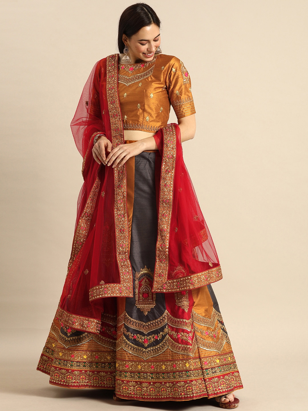 Shaily Red Embroidered Semi-Stitched Lehenga & Unstitched Blouse with Dupatta Price in India