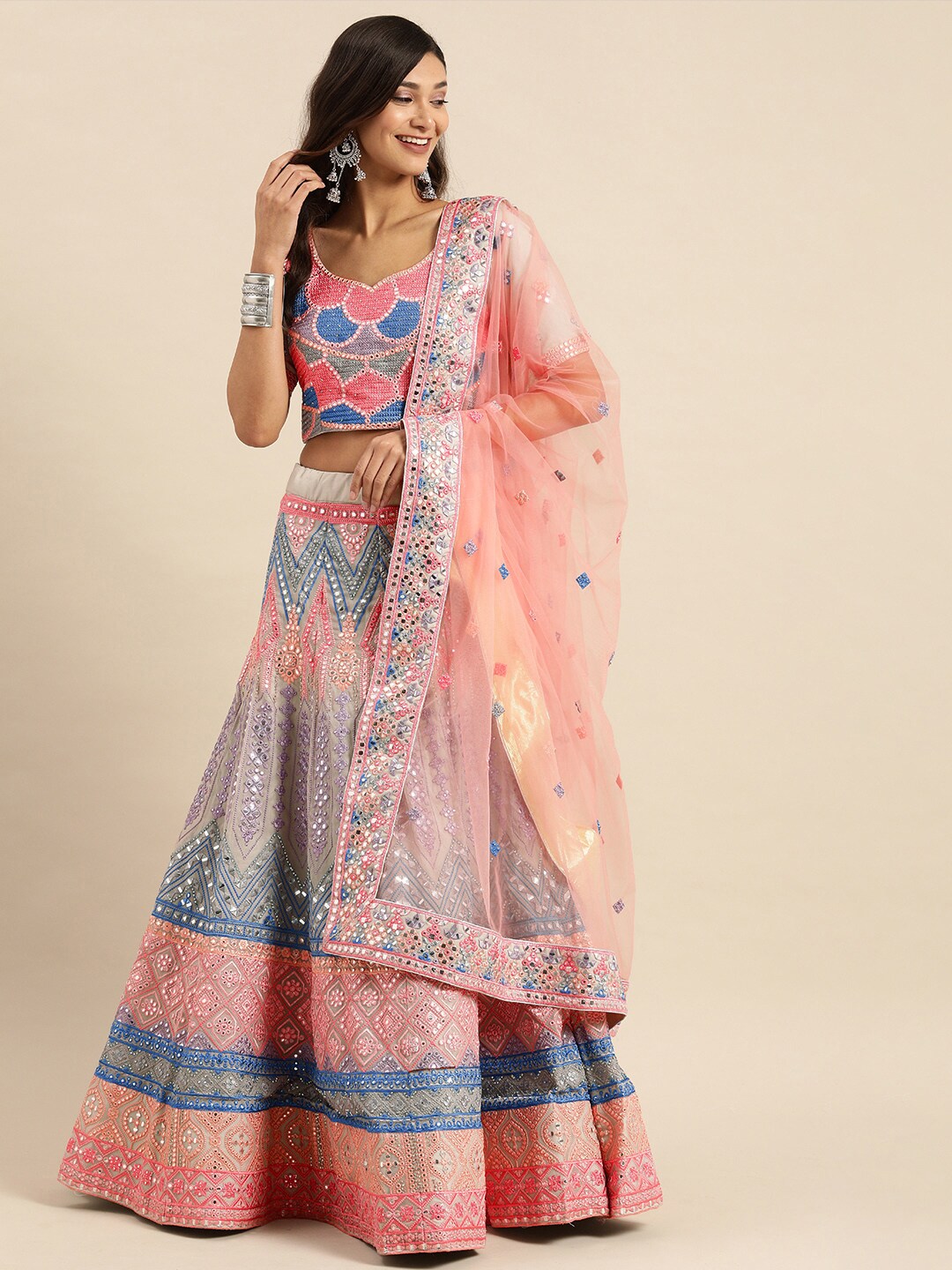 Shaily Grey & Peach-Coloured Embroidered Semi-Stitched Lehenga & Unstitched Blouse with Dupatta Price in India