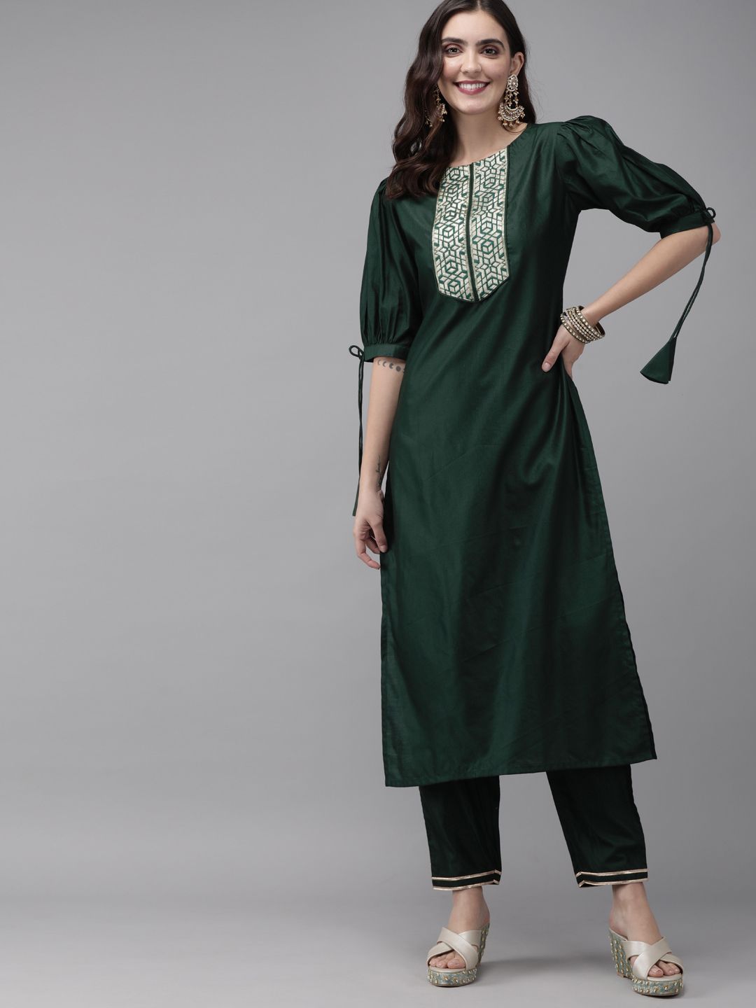 Indo Era Women Green & Gold-Toned Yoke Design Kurta with Trousers Price in India