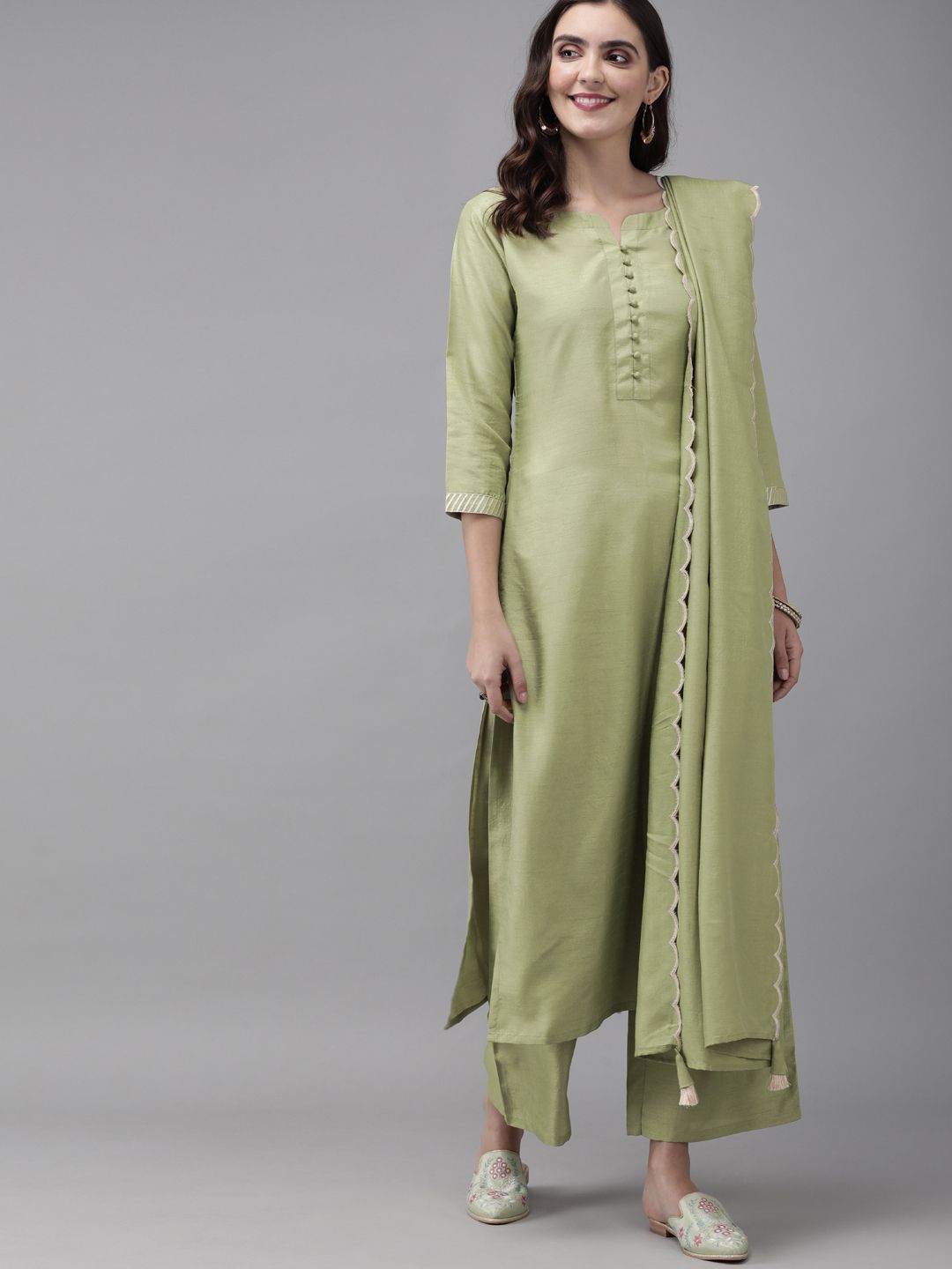 Indo Era Women Olive Green Solid Kurta with Palazzos & Dupatta Price in India