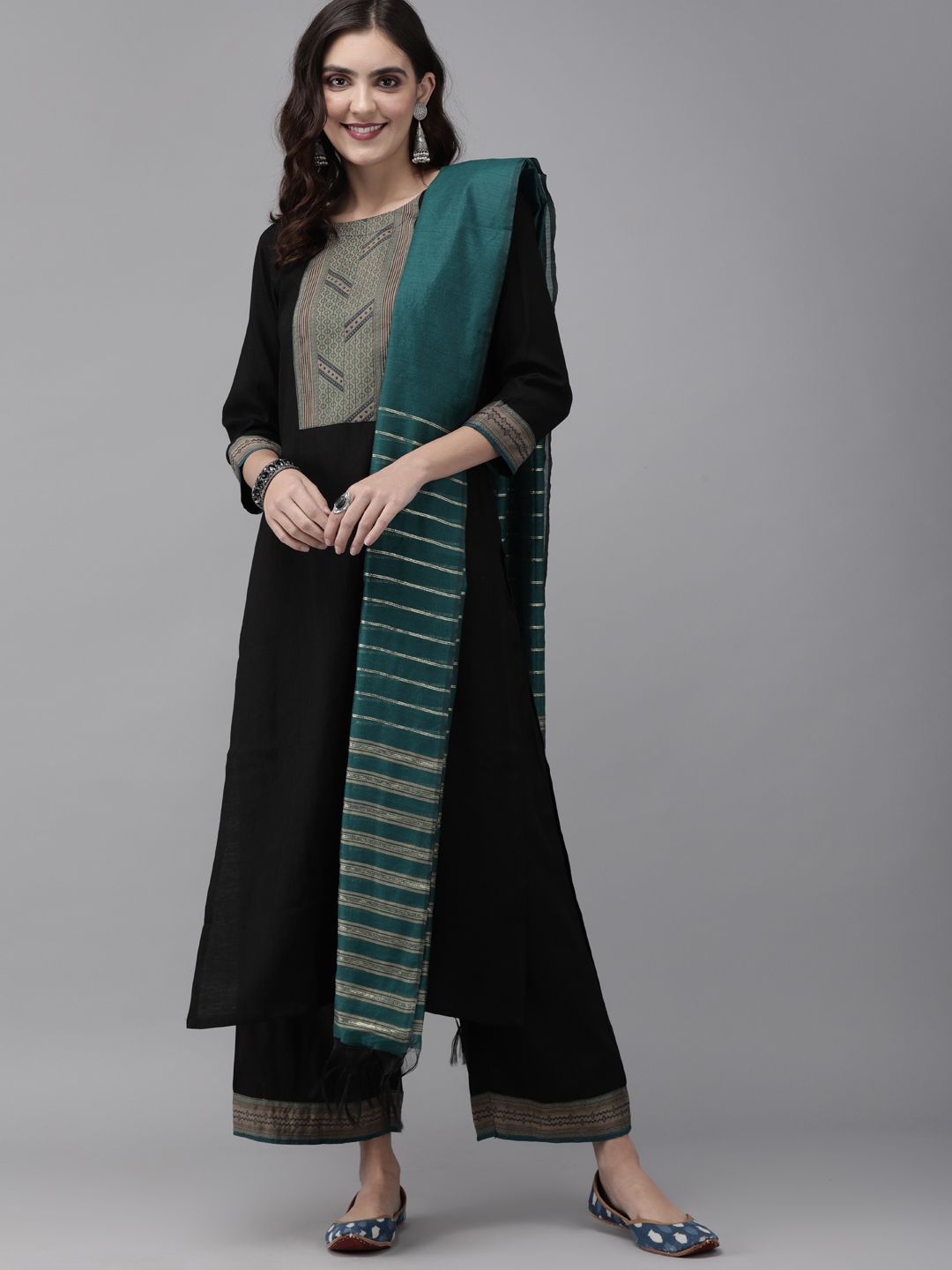 Indo Era Women Black Yoke Design Kurta with Palazzos & Dupatta