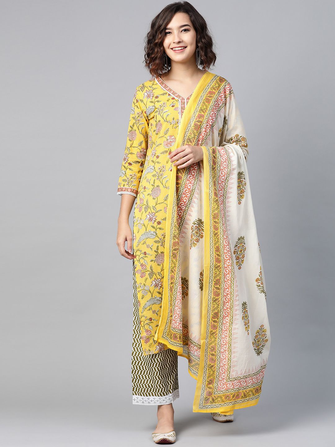 Indo Era Women Yellow & Green Pure Cotton Floral Print Kurta with Palazzos & Dupatta Price in India