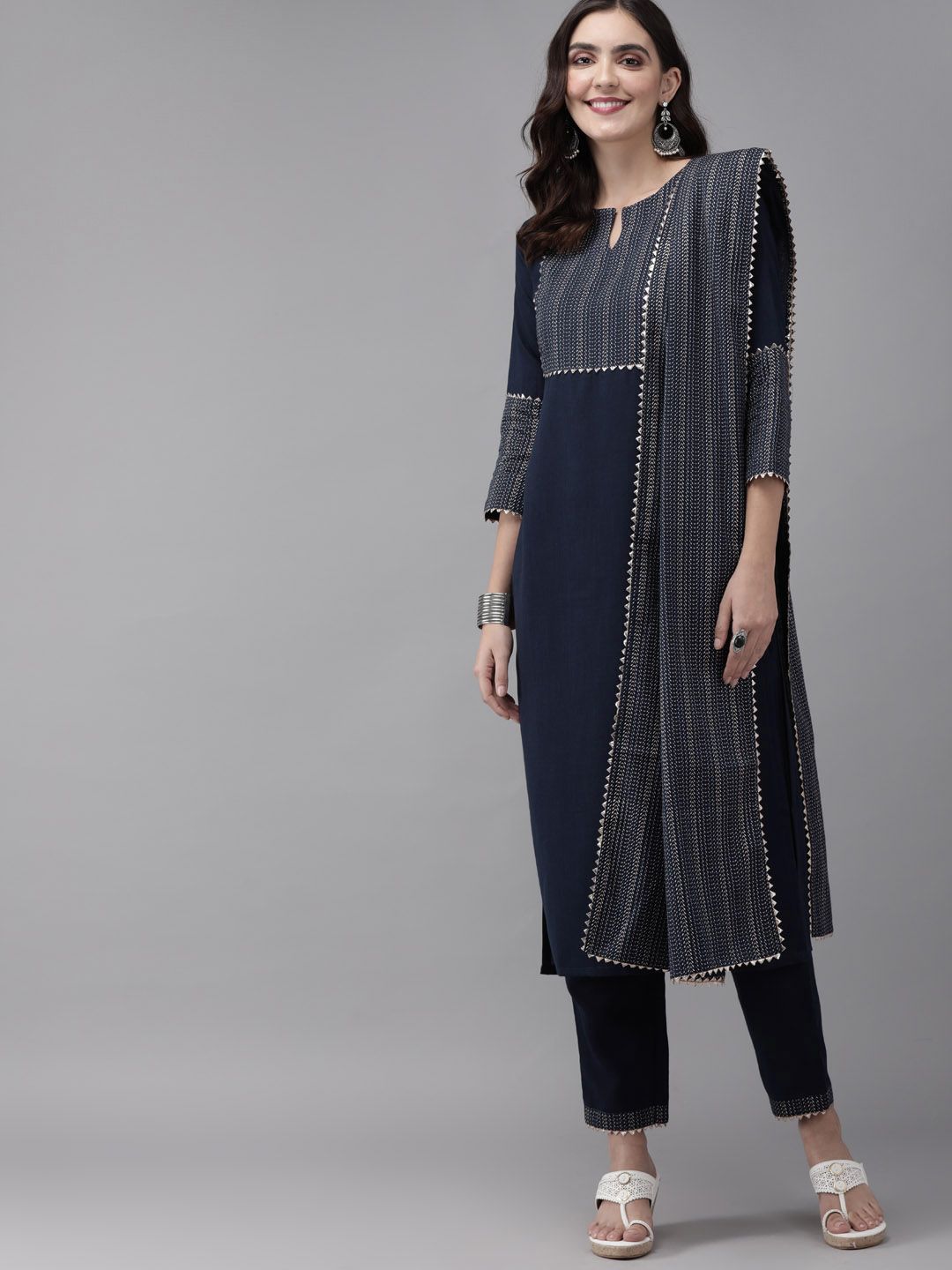 Indo Era Women Navy Blue Printed Kurta with Trousers & Dupatta Price in India