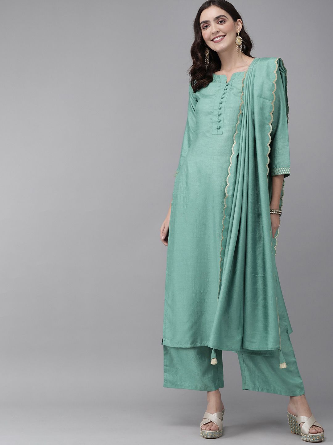 Indo Era Women Sea Green Solid Kurta with Palazzos & Dupatta Price in India