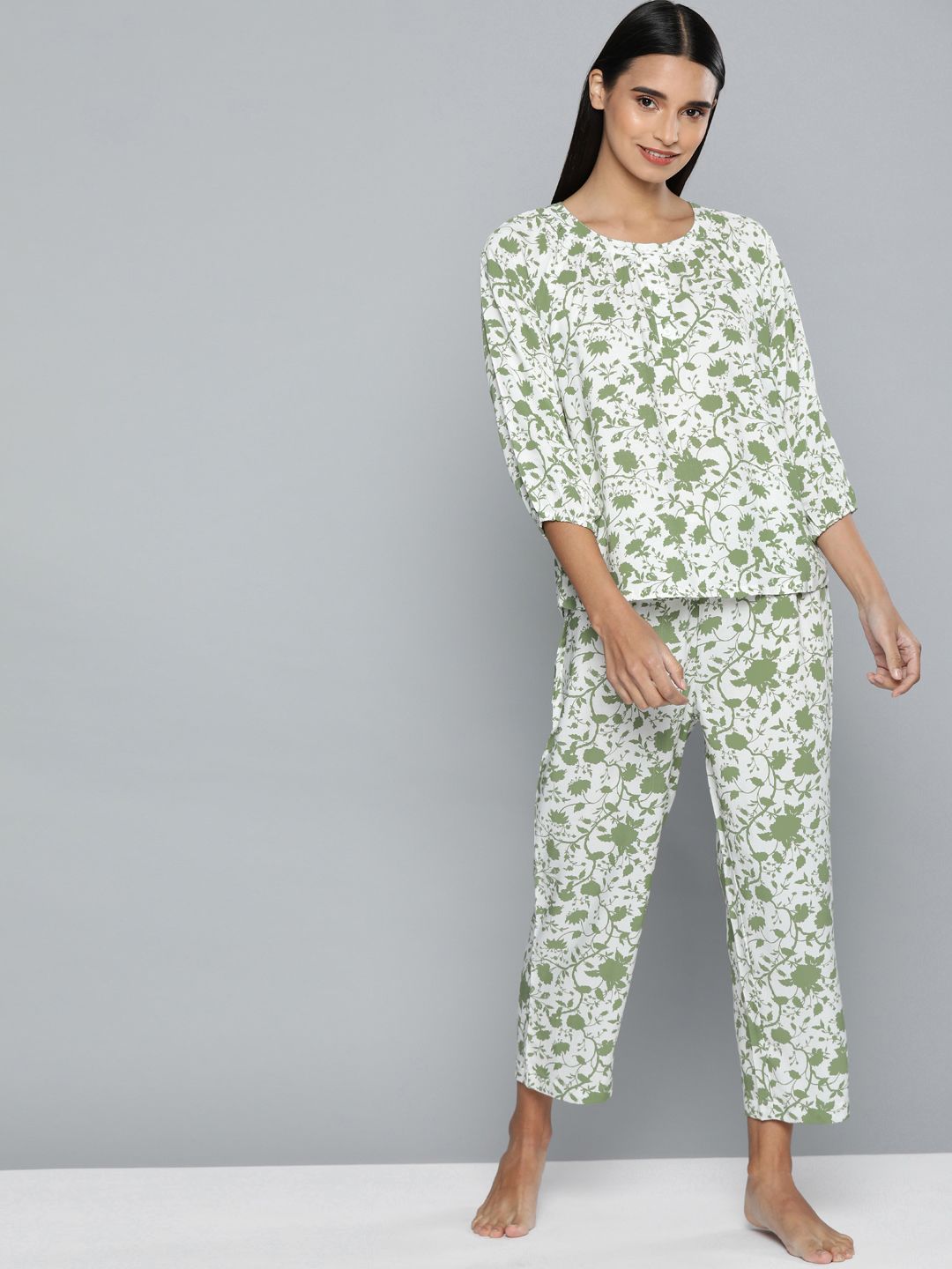 Chemistry Women Green & White Printed Night suit Price in India