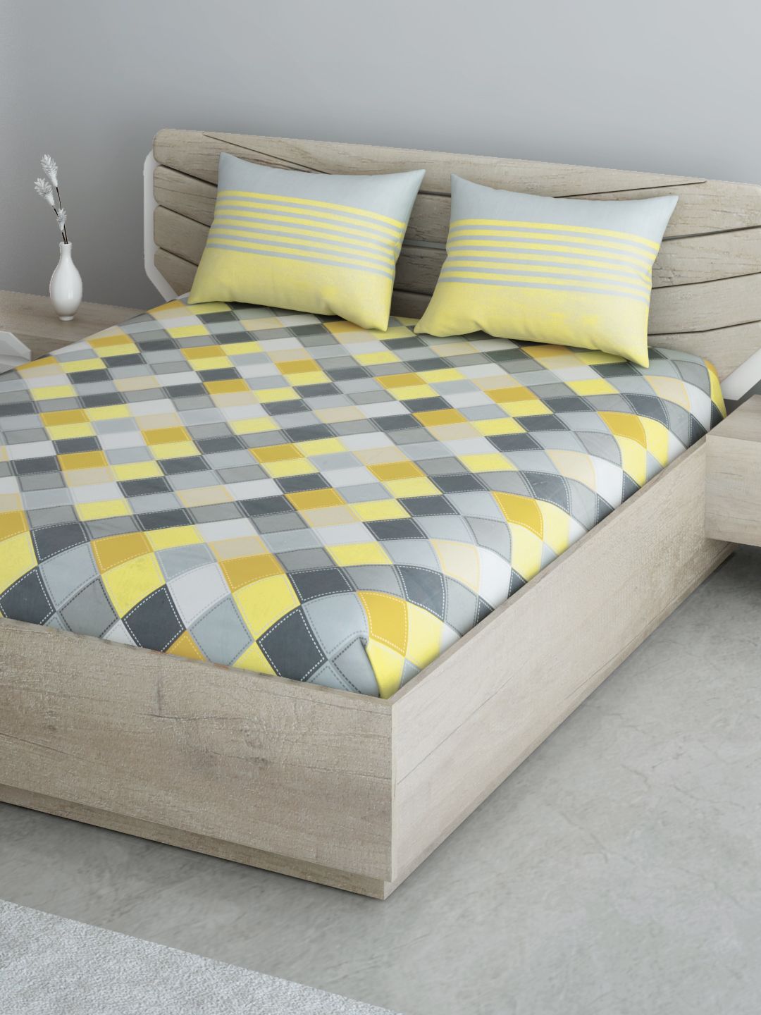 Aura Grey & Yellow Geometric 104 TC GSM 110 Cotton 1 Queen Bedsheet with 2 Pillow Covers Price in India
