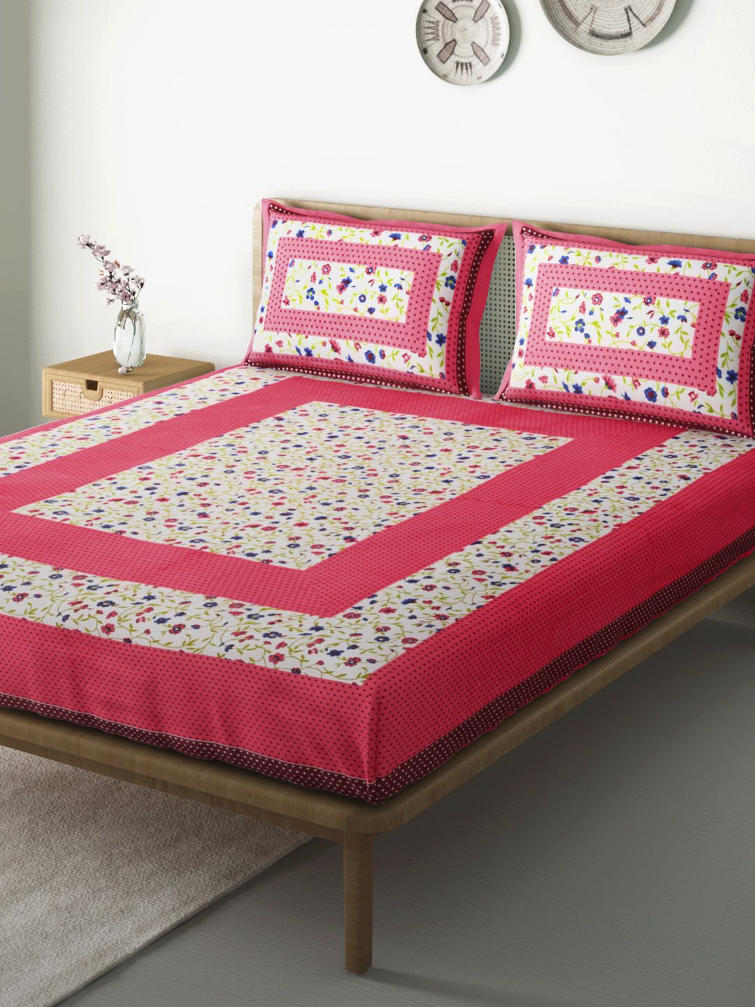 Aura Pink & White Floral 104 TC Cotton 1 Queen Bedsheet with 2 Pillow Covers Price in India