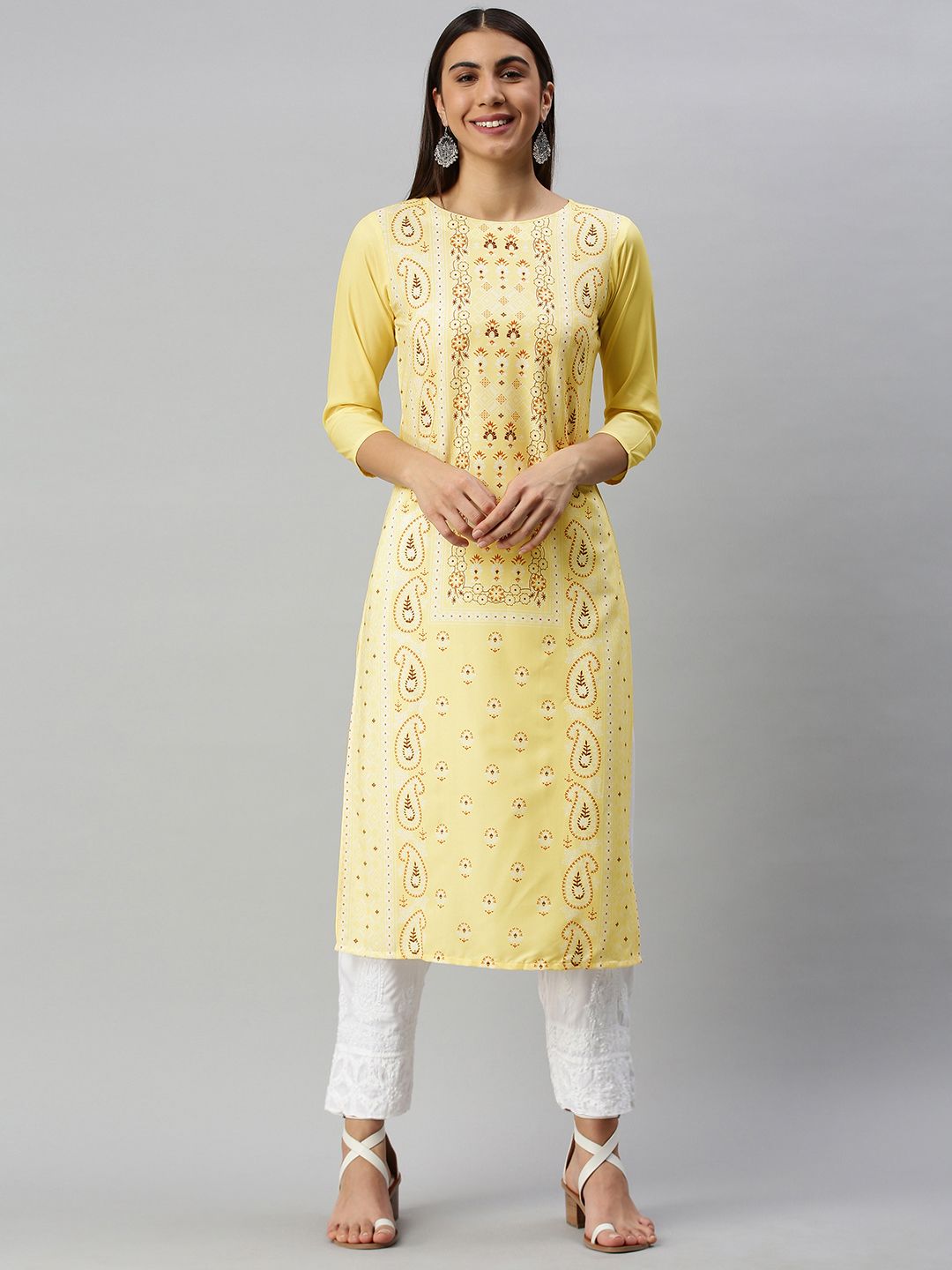 AHIKA Women Yellow & Brown Paisley Printed Kurta