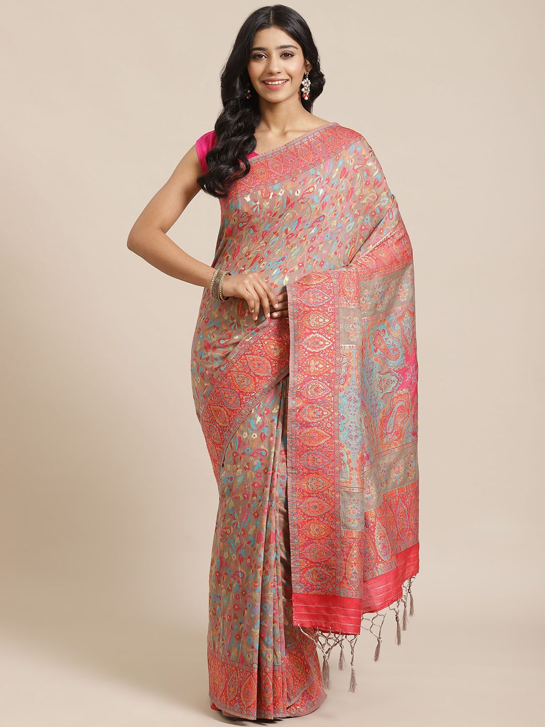 Mitera Taupe & Pink Liva Floral Woven Design Saree