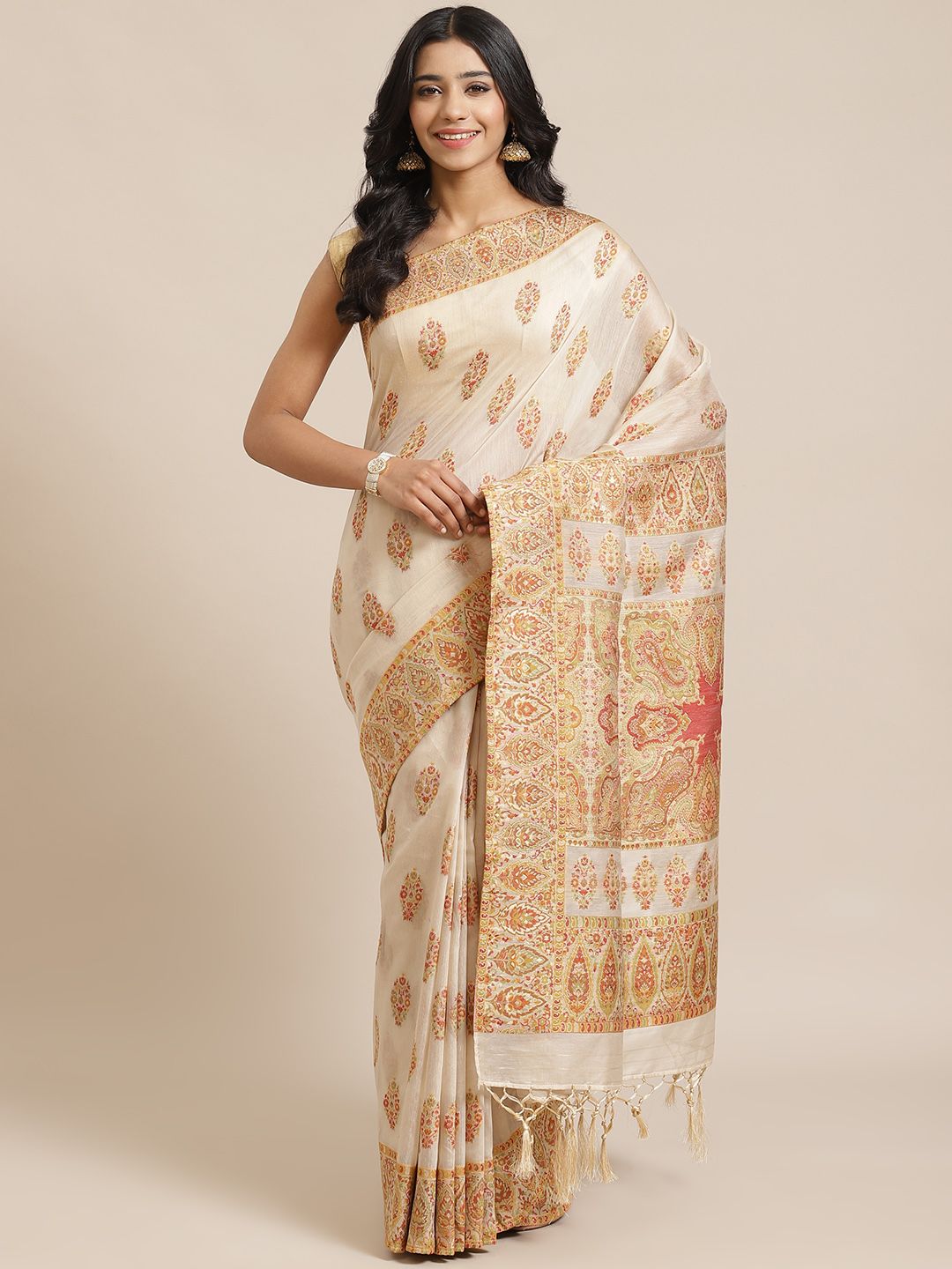 Mitera Cream-Coloured & Golden Liva Woven Design Saree Price in India