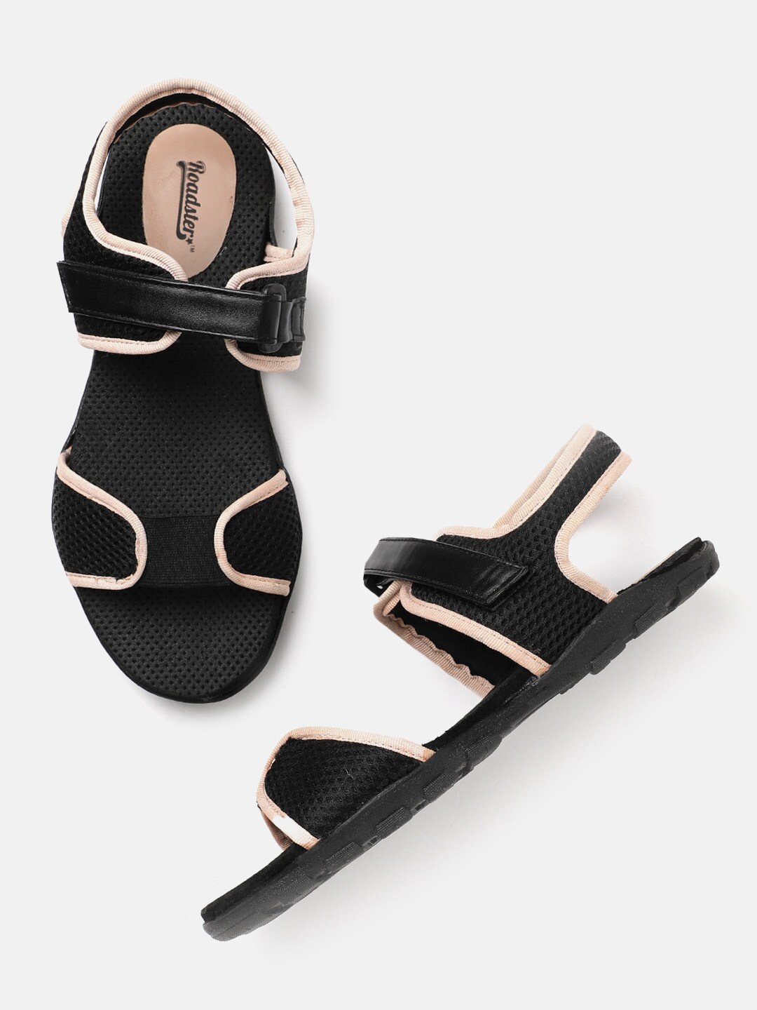 The Roadster Lifestyle Co Women Black & Pink Woven Design Sport Sandals Price in India