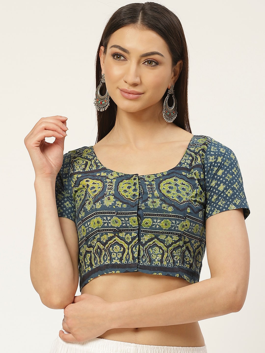 Molcha Blue & Green Pure Cotton Printed Saree Blouse Price in India