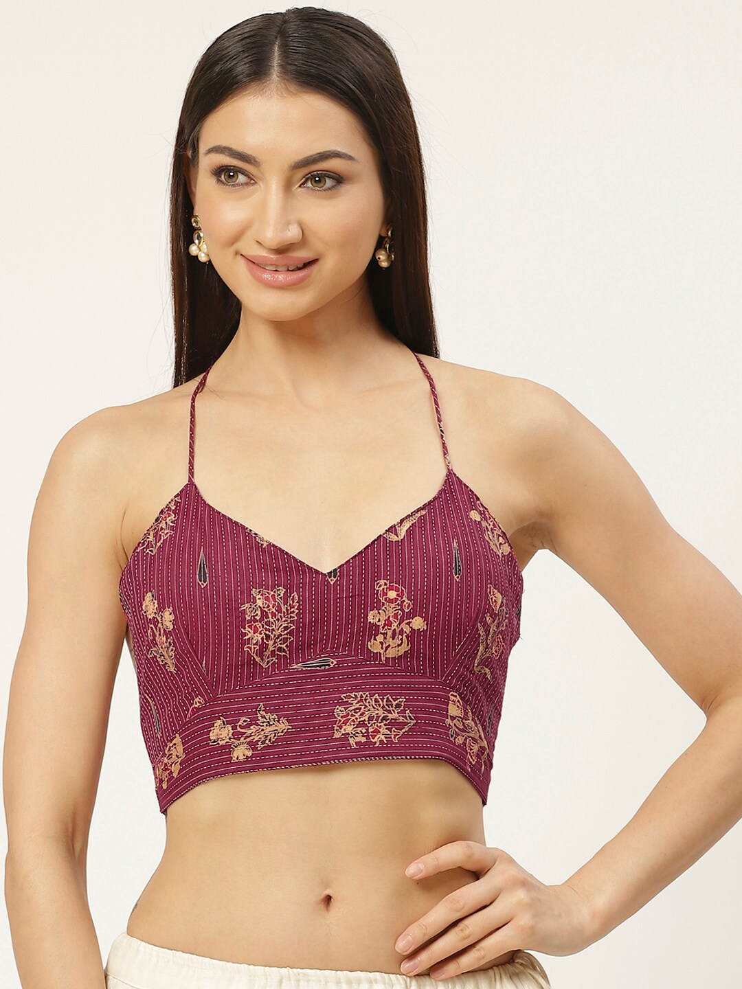 Molcha Burgundy & Beige Pure Cotton Padded Printed Backless Saree Blouse Price in India