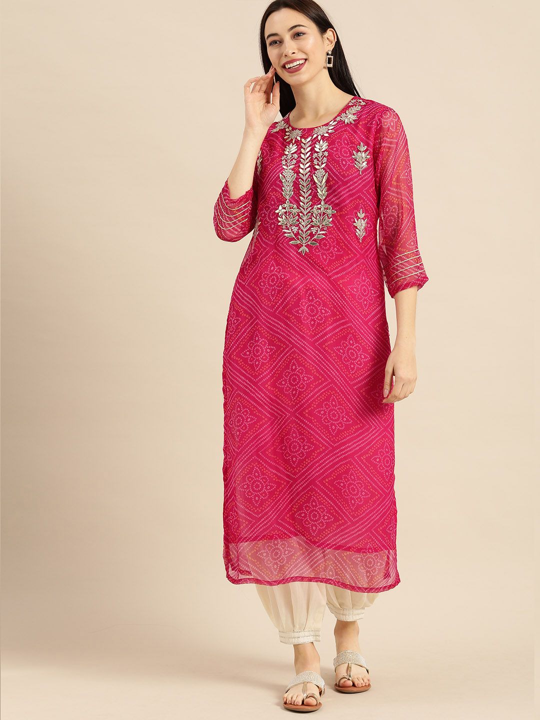 Varanga Pink Bandhej Gotta Patti Embroidery Yoke Sequin Straight Kurta Price in India