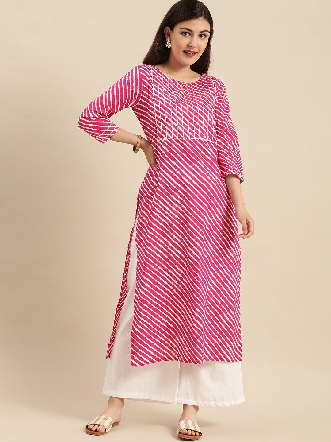 Varanga Women Pink & White Leheriya Striped Keyhole Neck Pure Cotton Kurta Price in India