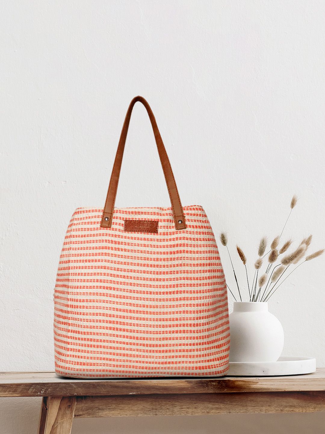 ASTRID Orange & White Textured Tote Bag Price in India