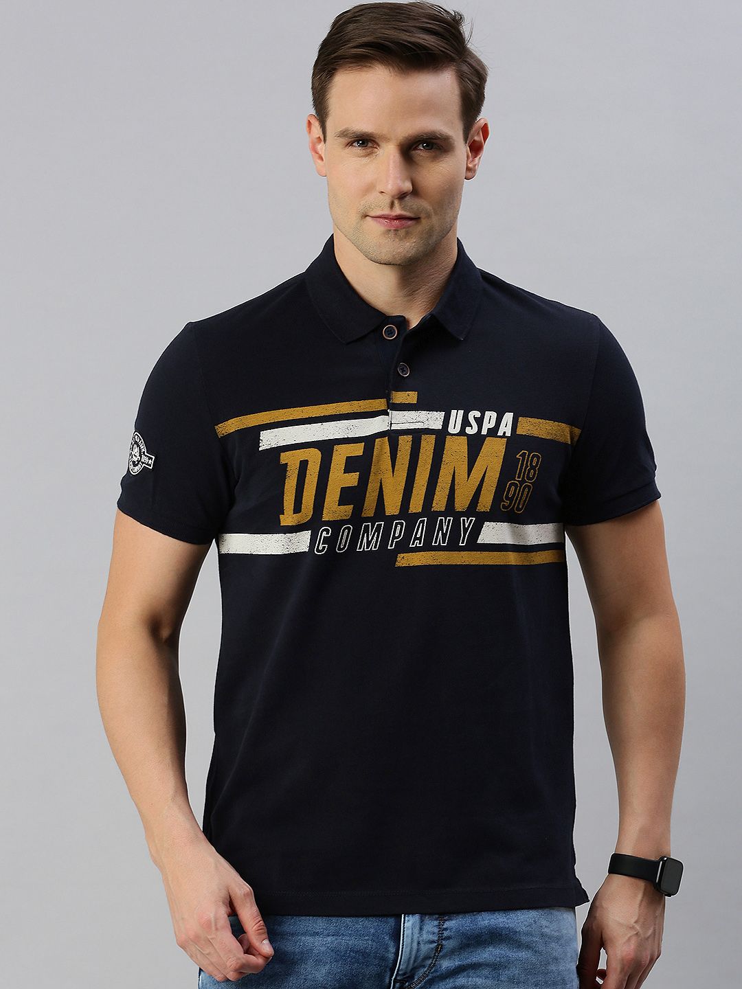 U.S. Polo Assn. Denim Co. Men Navy Blue Printed Polo Collar T-shirt