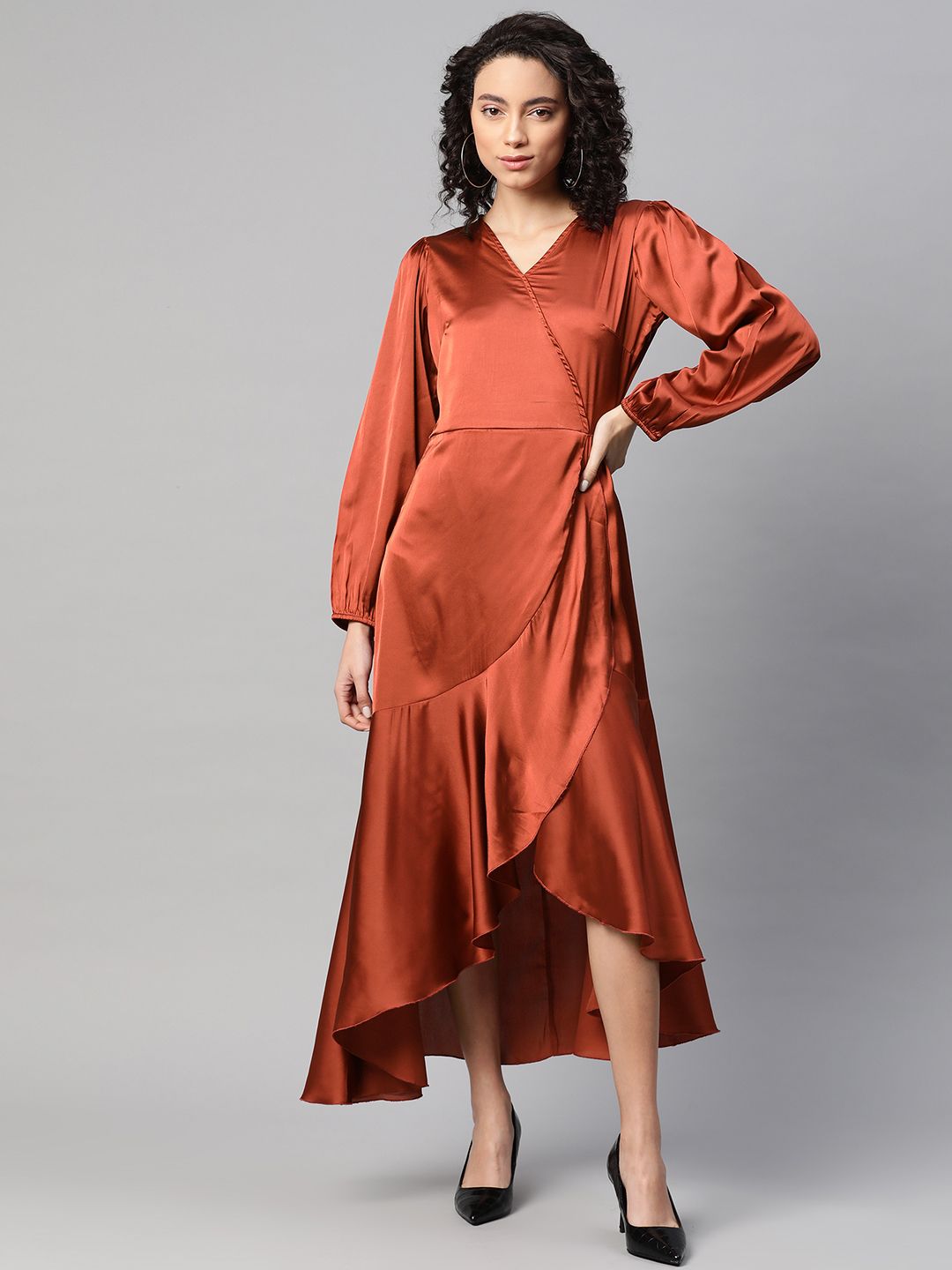 plusS Women Rust Orange Satin Finish Solid Maxi Wrap Dress Price in India