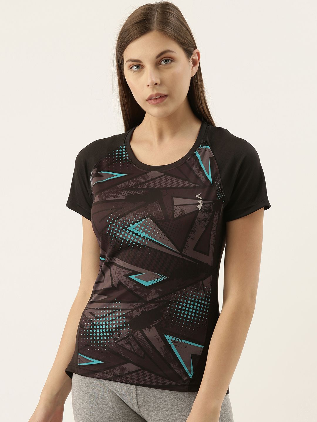 Campus Sutra Women Black & Charcoal Grey Abstract Print Round Neck Running T-shirt Price in India
