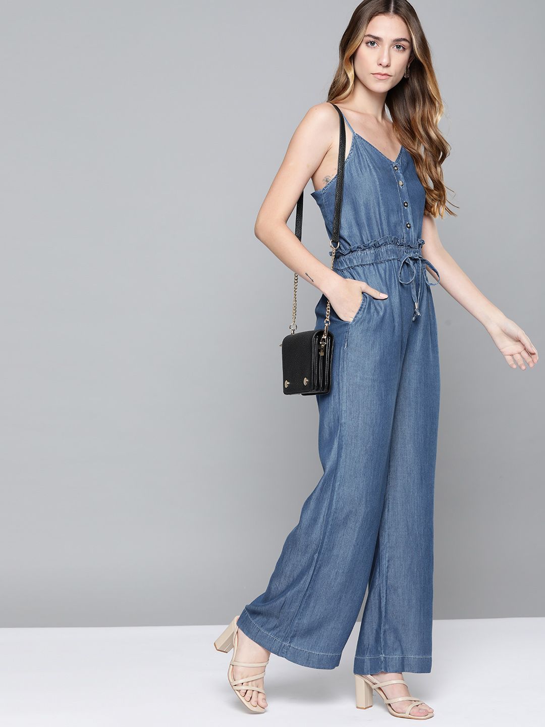 Chemistry Blue Solid Denim Jumpsuit Price in India