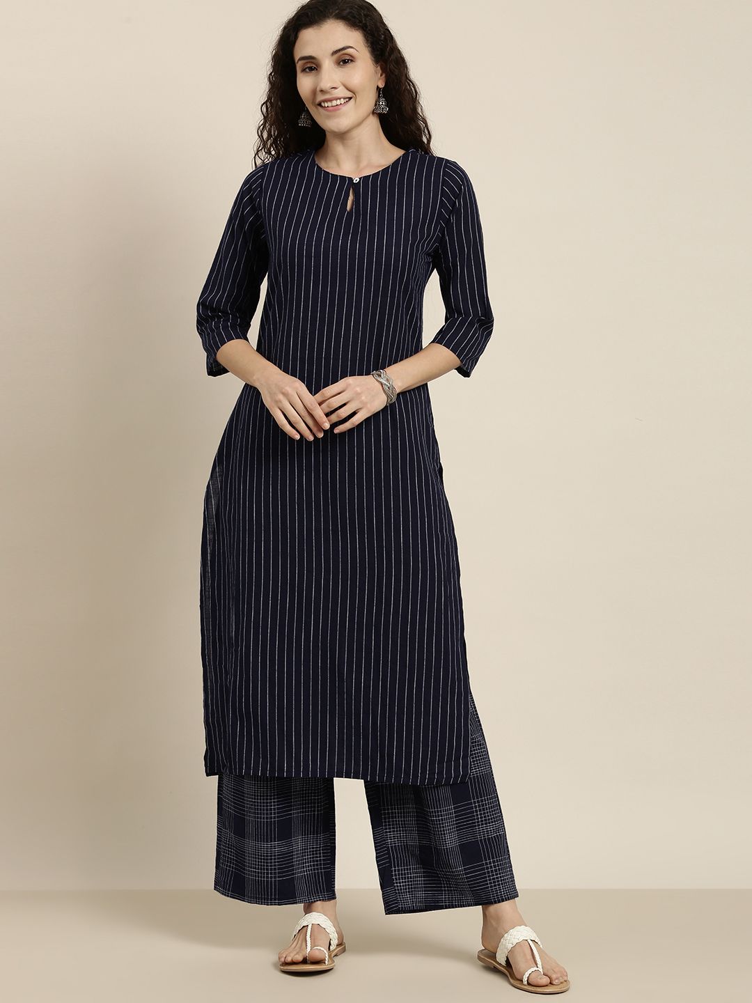 Vishudh Women Navy Blue Striped Regular Pure Cotton Kurta with Trousers Price in India