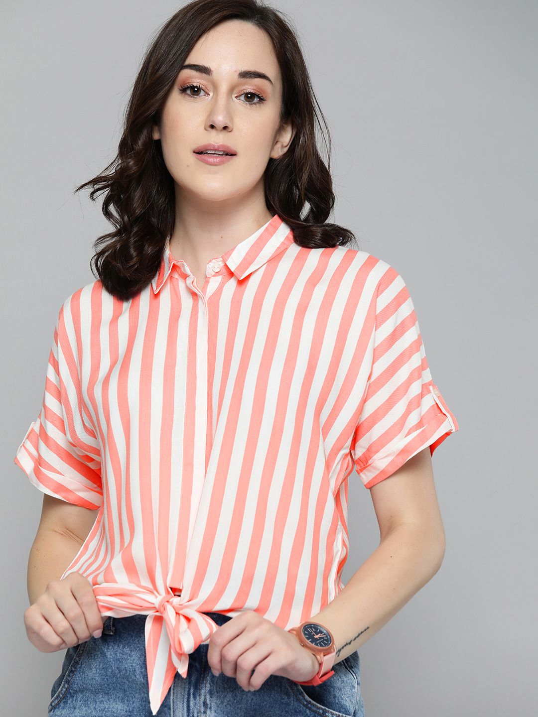 Harvard Women White & Pink Regular Fit Striped Front Tie-Up Casual Shirt