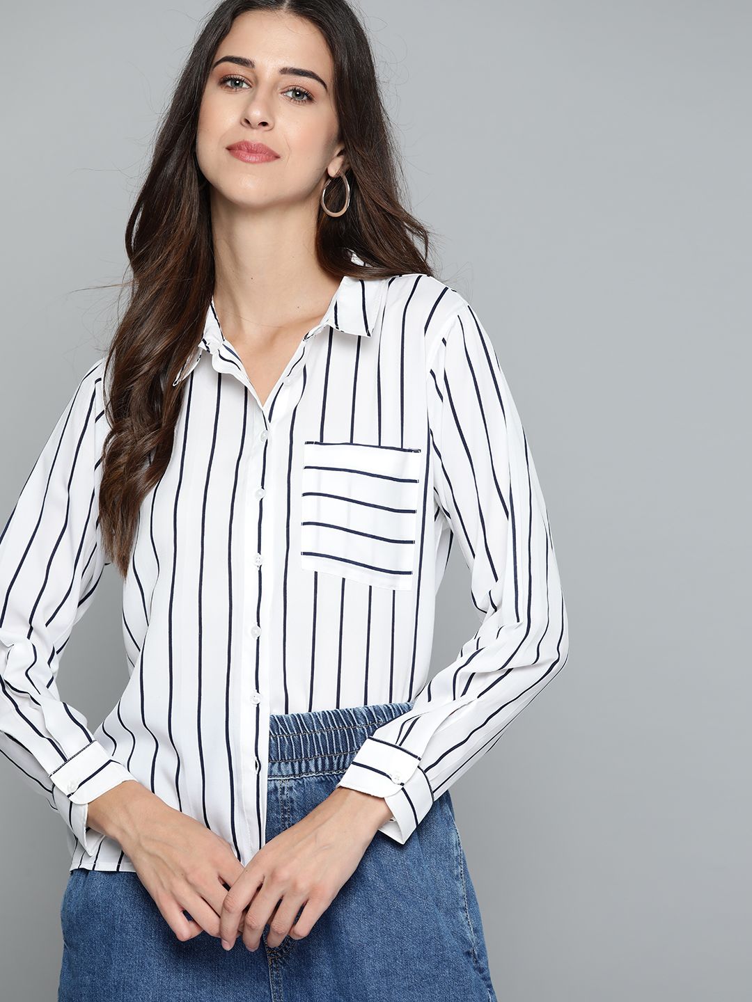 Harvard Women White & Navy Blue Striped Chest Pocket Casual Shirt