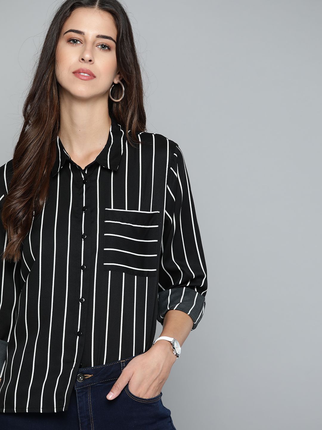 Harvard Women Black & White Striped Pocket Casual Shirt