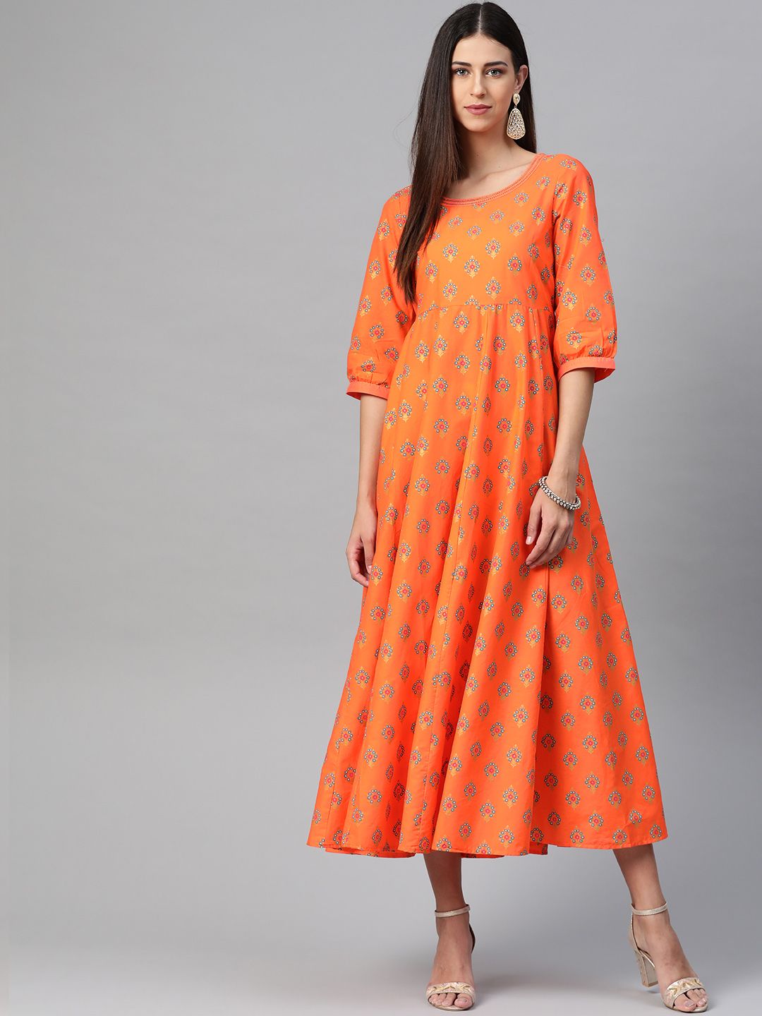 AURELIA Orange & Blue Floral Pure Cotton Ethnic A-Line Midi Dress Price in India