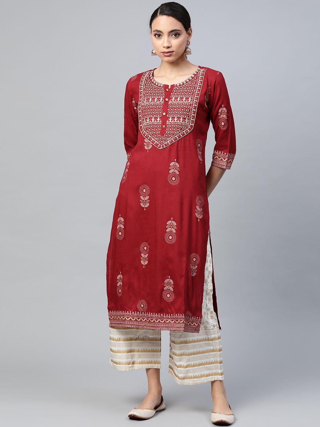 Anubhutee Women Maroon & White Ethnic Motifs Print Kurta with Palazzos Price in India