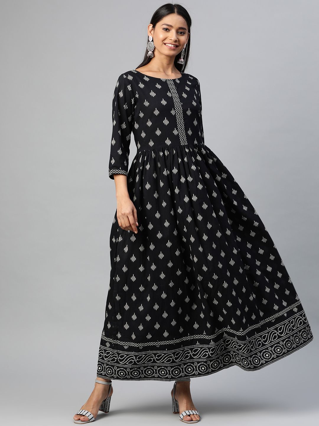 Yuris Women Black & Off-White Pure Cotton Printed Maxi Dress Price in India